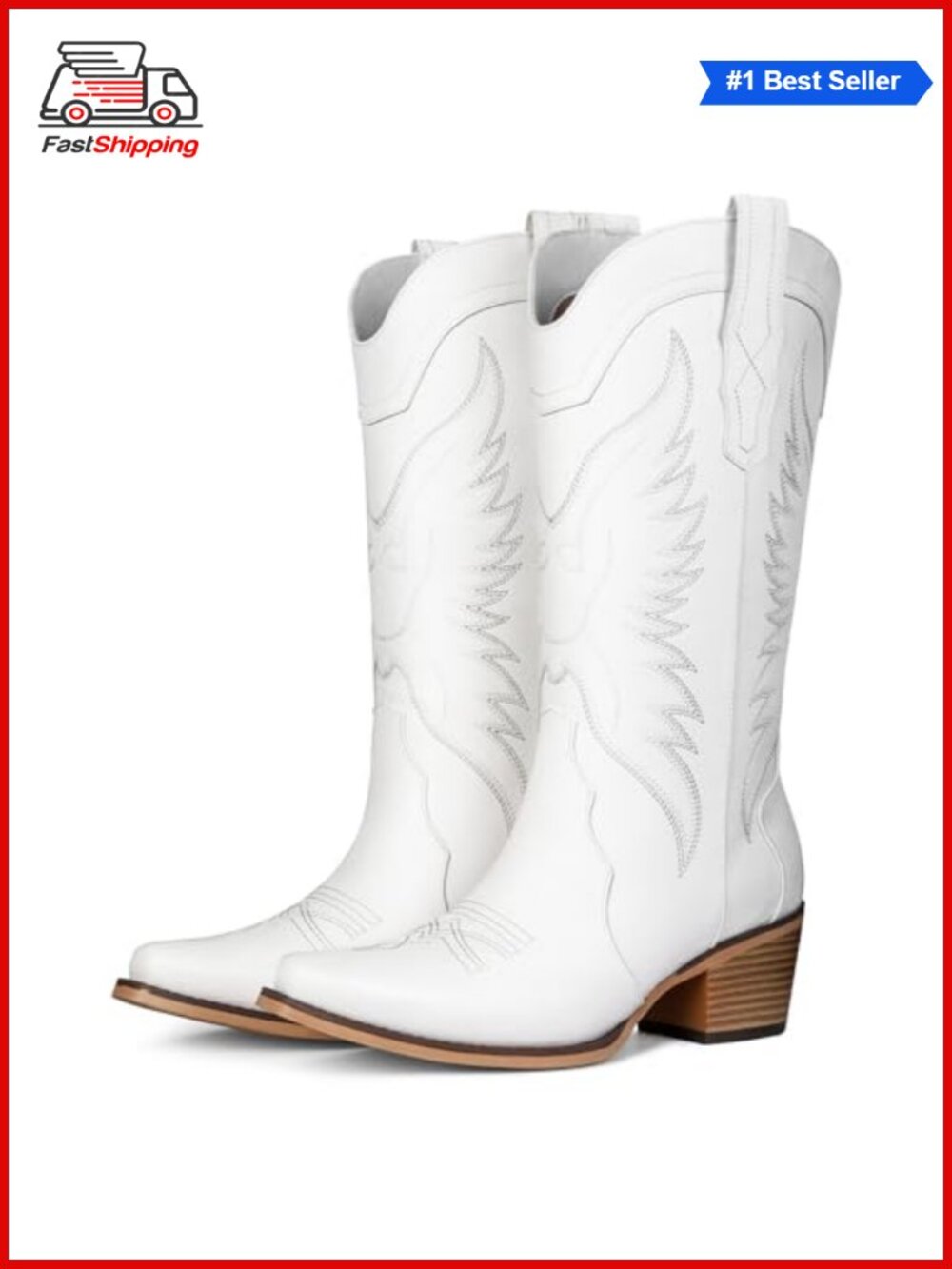 Western Cowboy Boots Women Faux Leather Snip Toe Mid Calf Chunky Heel
